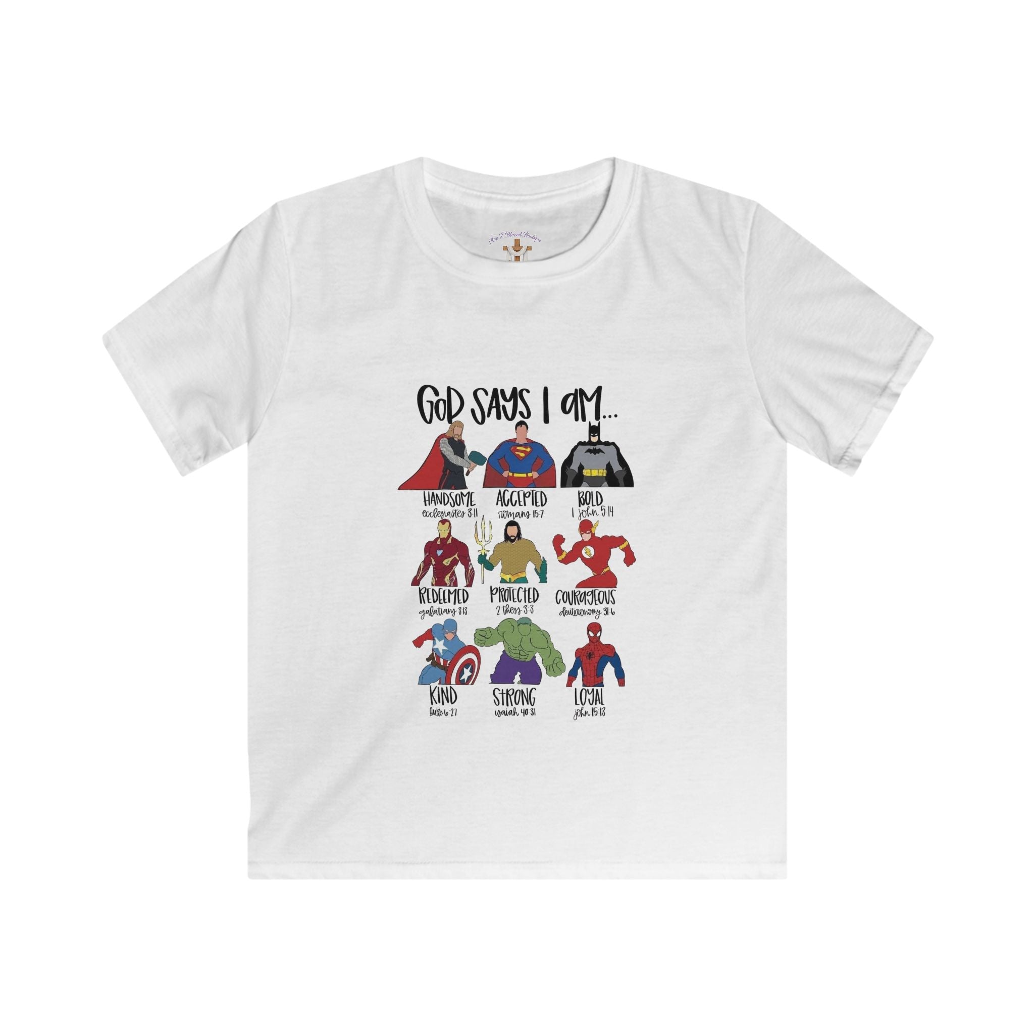 Youth Tee — "God Says I Am Like a Superhero" Christian Faith Kids Shirt