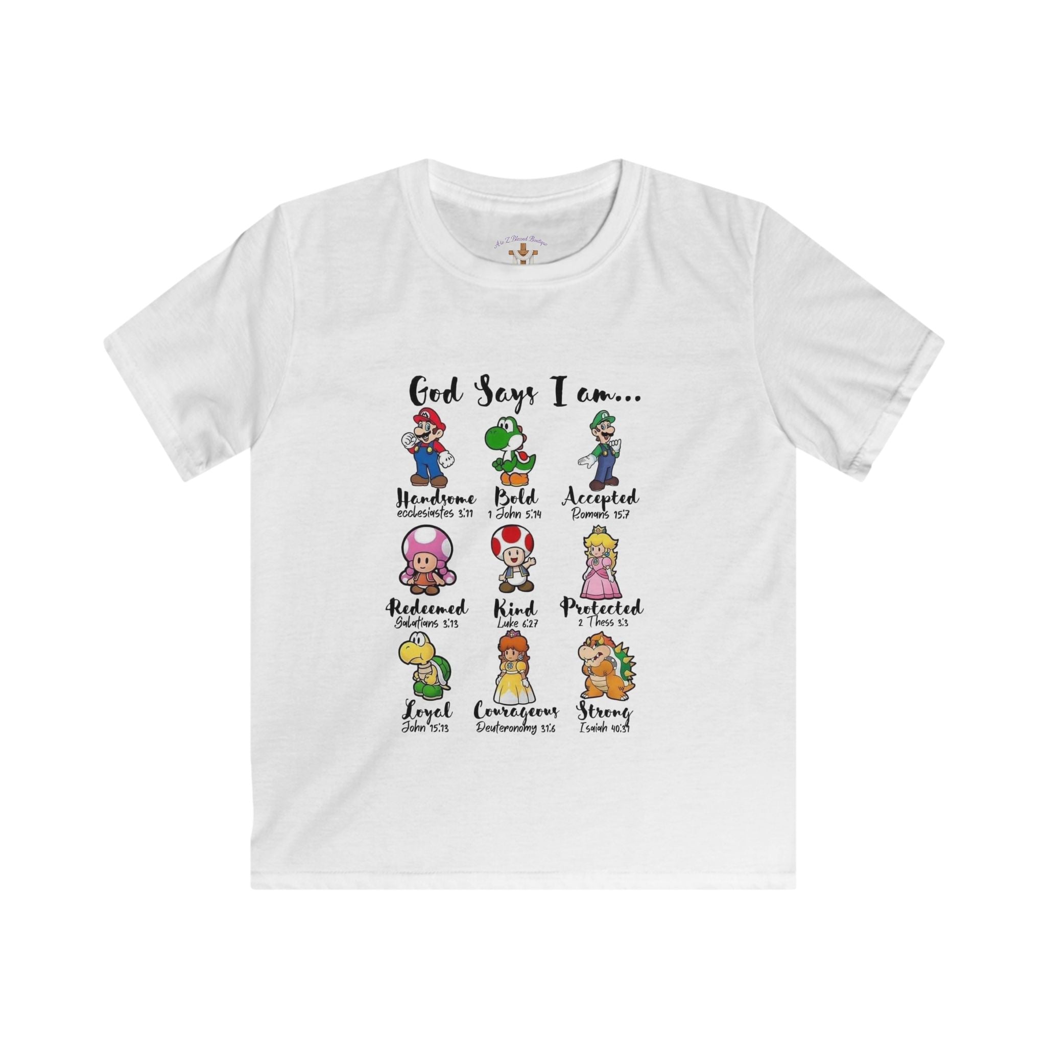 Kids Tee — "God Says I Am Like Mario and Friends" Christian Video Game Shirt