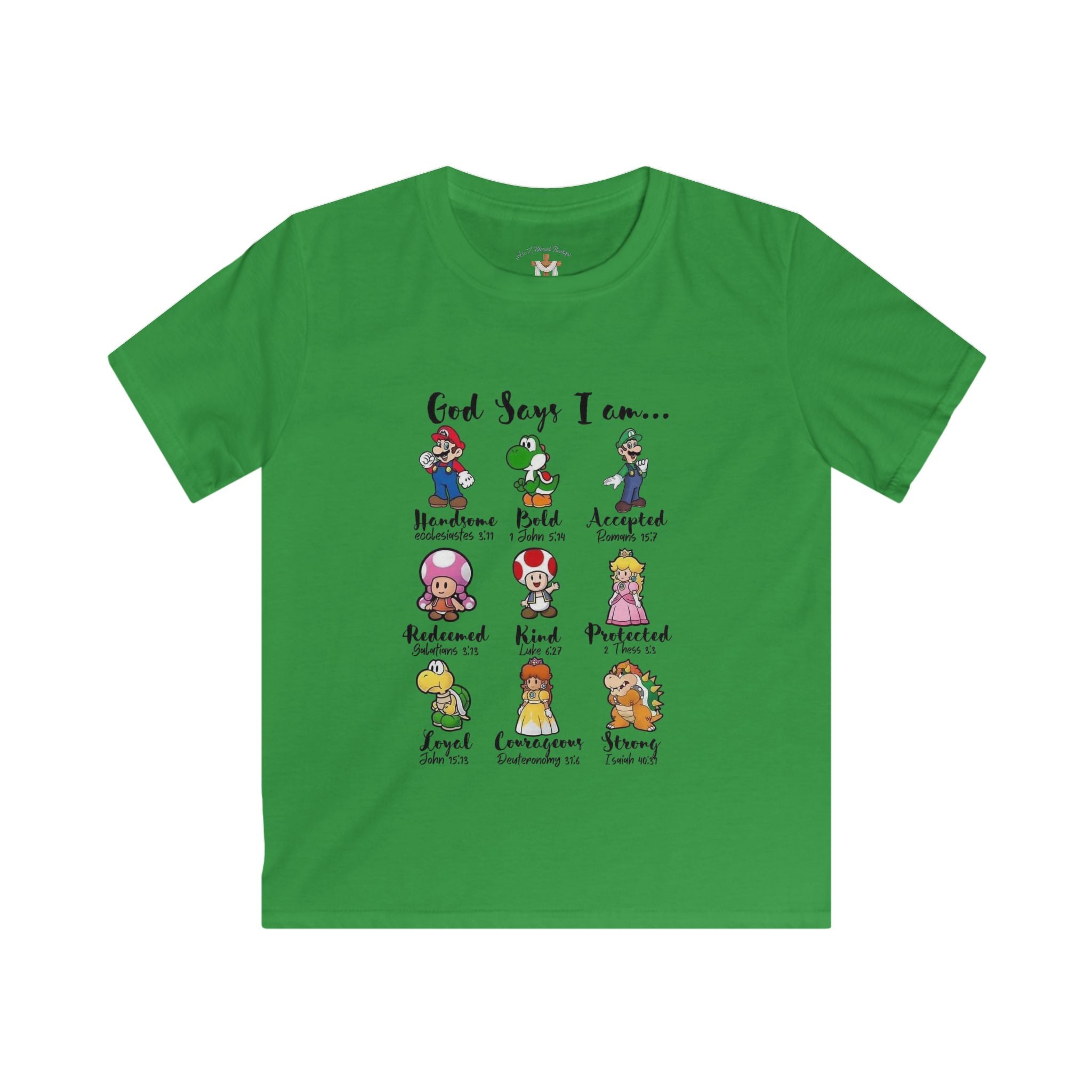 Kids Tee — "God Says I Am Like Mario and Friends" Christian Video Game Shirt
