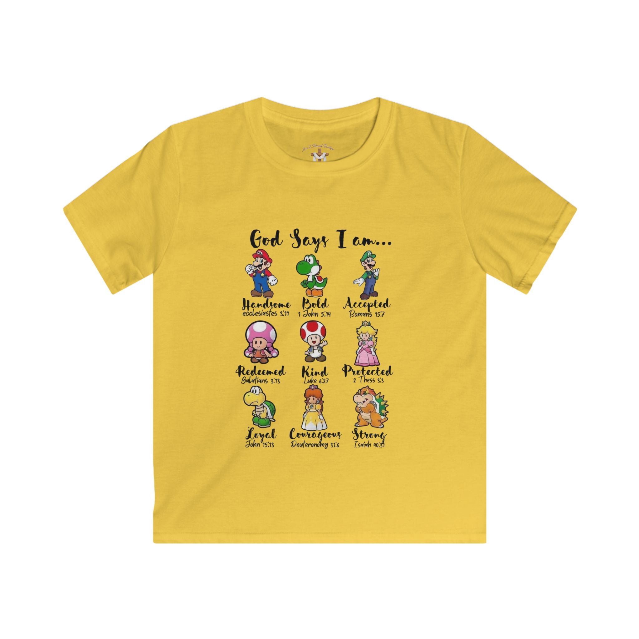 Kids Tee — "God Says I Am Like Mario and Friends" Christian Video Game Shirt