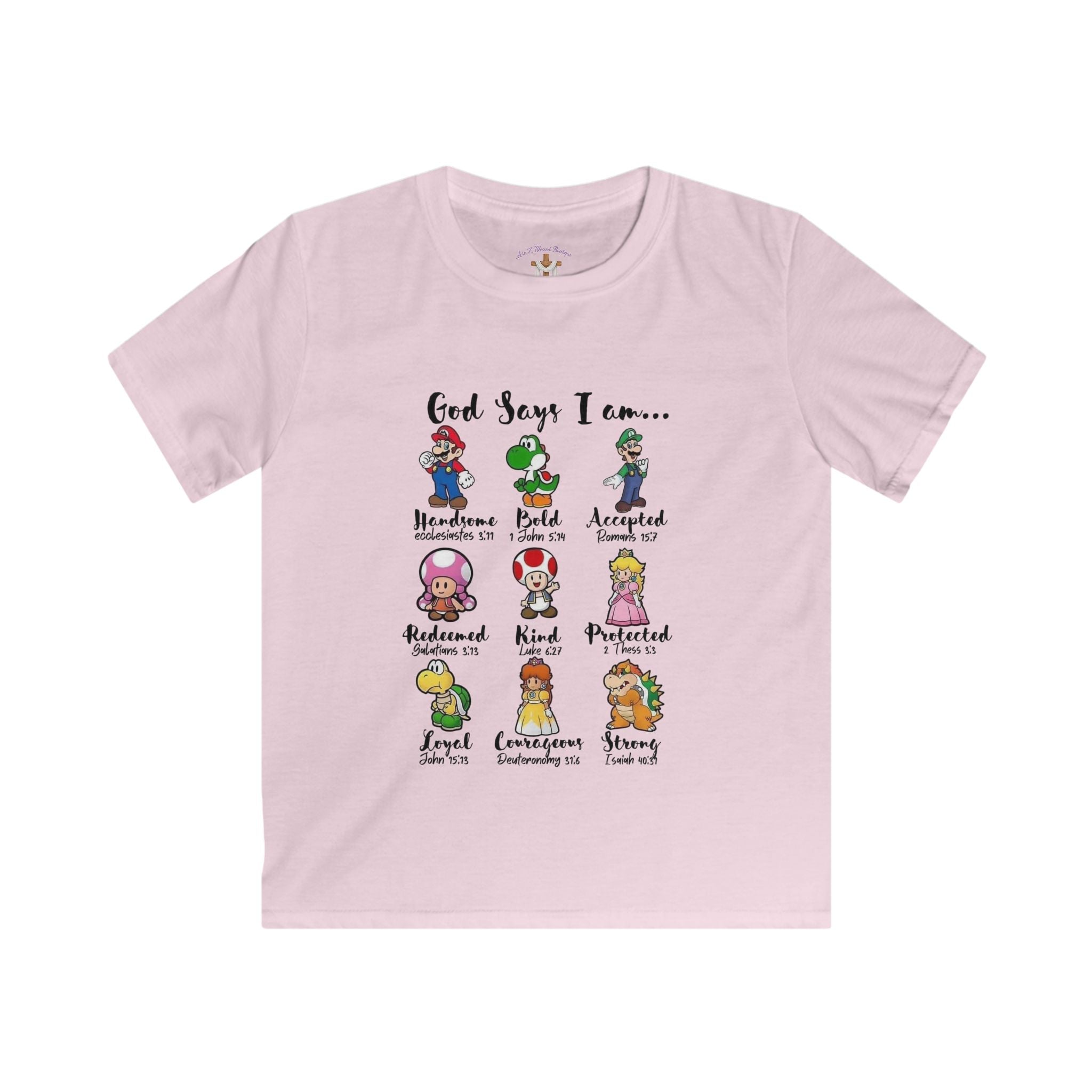 Kids Tee — "God Says I Am Like Mario and Friends" Christian Video Game Shirt