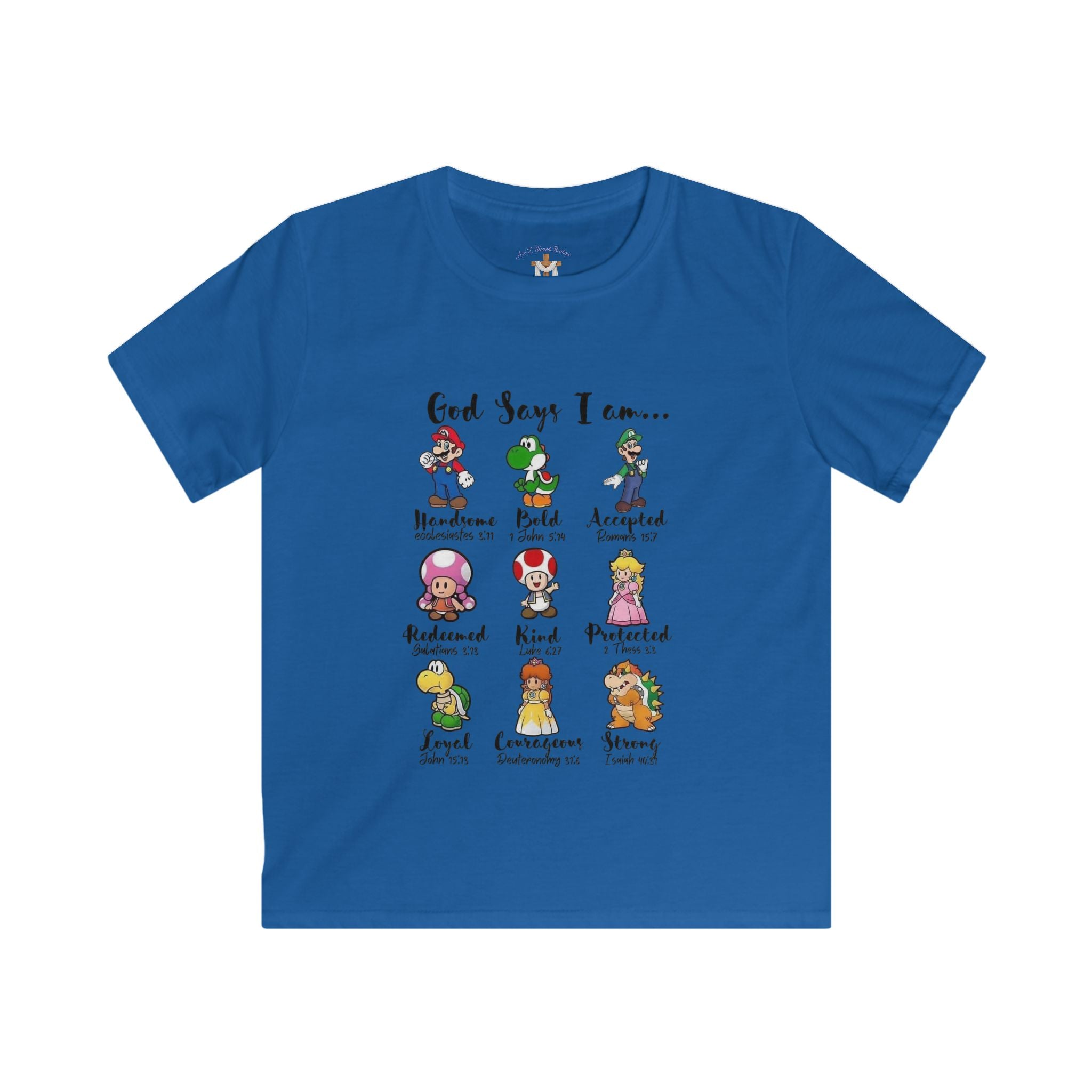 Kids Tee — "God Says I Am Like Mario and Friends" Christian Video Game Shirt