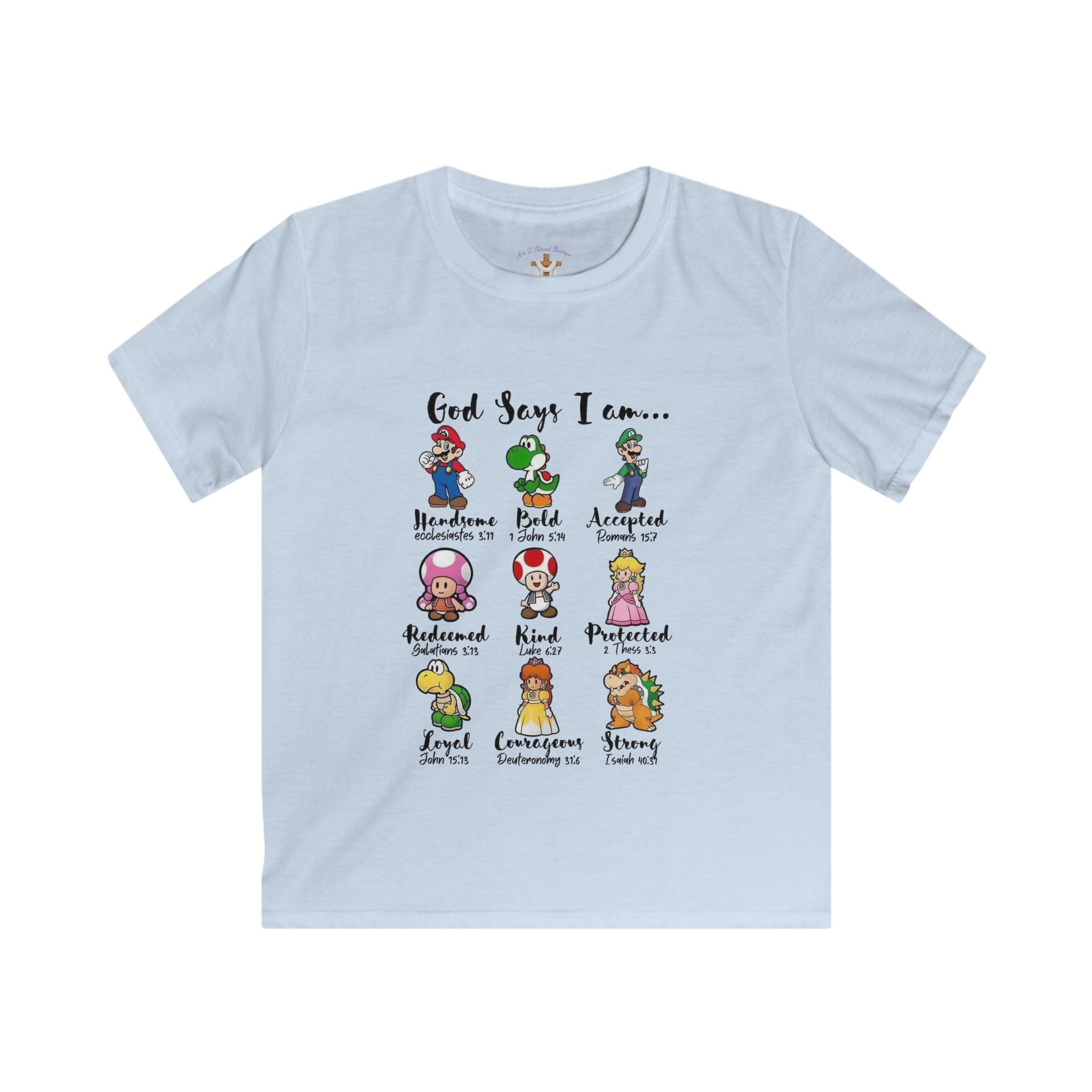Kids Tee — "God Says I Am Like Mario and Friends" Christian Video Game Shirt
