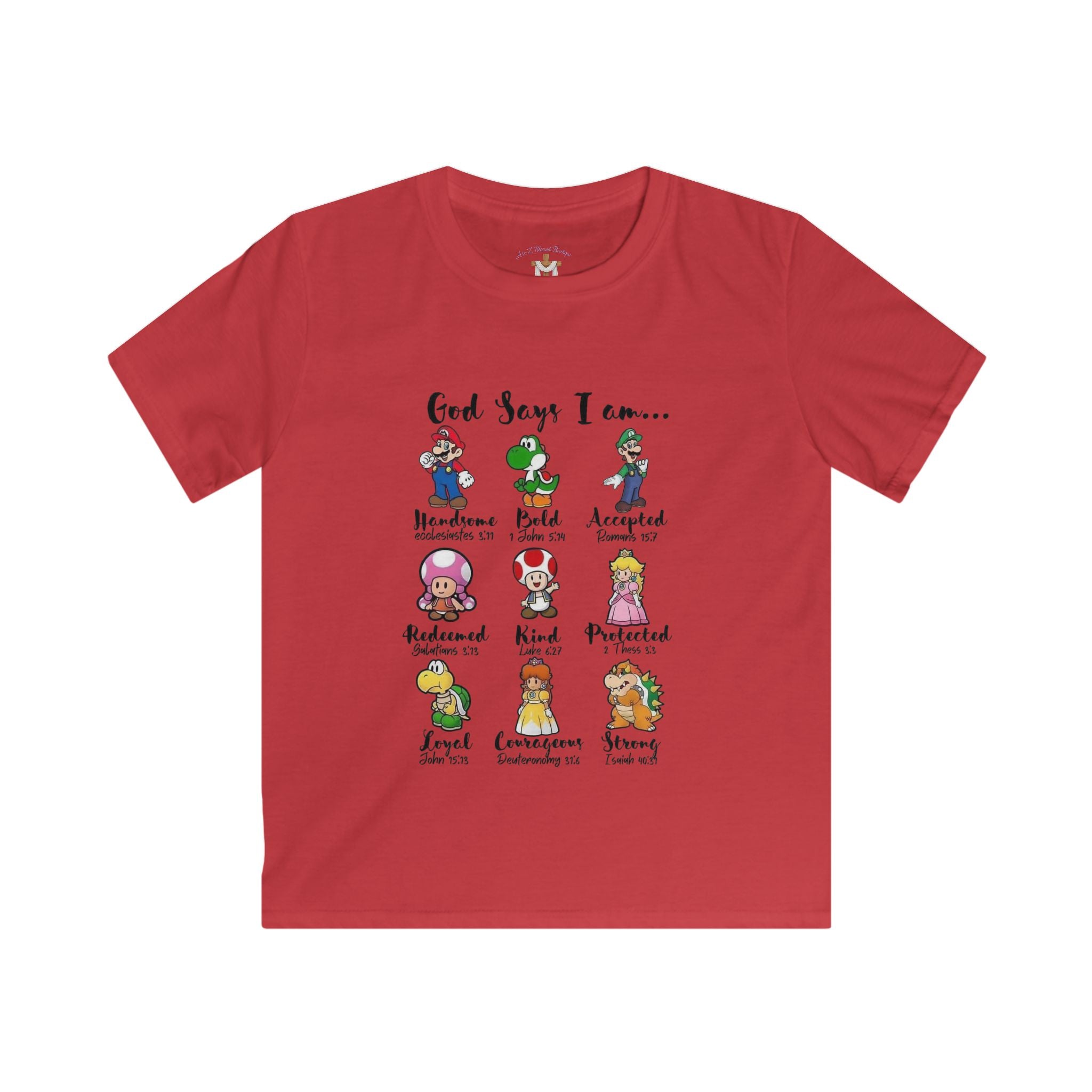 Kids Tee — "God Says I Am Like Mario and Friends" Christian Video Game Shirt