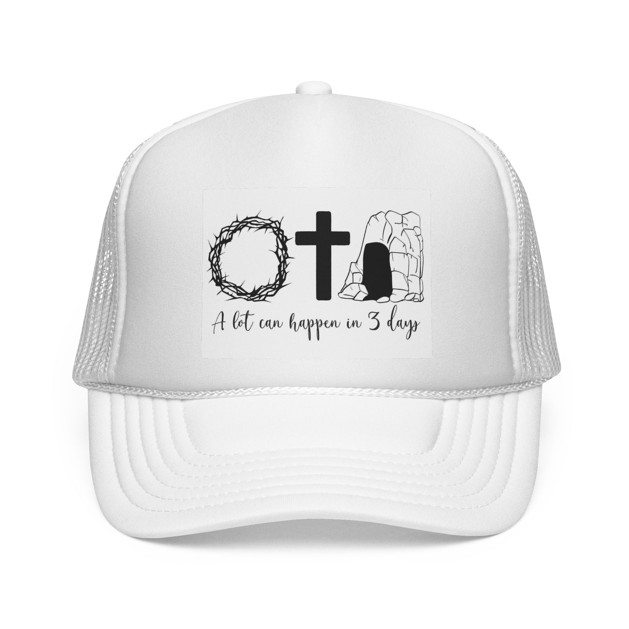 Easter Trucker Cap - ‘A Lot Can Happen in 3 Days’ Cross, Crown & Empty Tomb Hat
