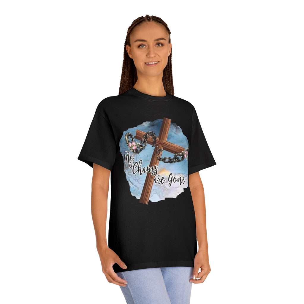 Christian Cross T-Shirt — "My Chains Are Gone" Inspirational Gospel Tee