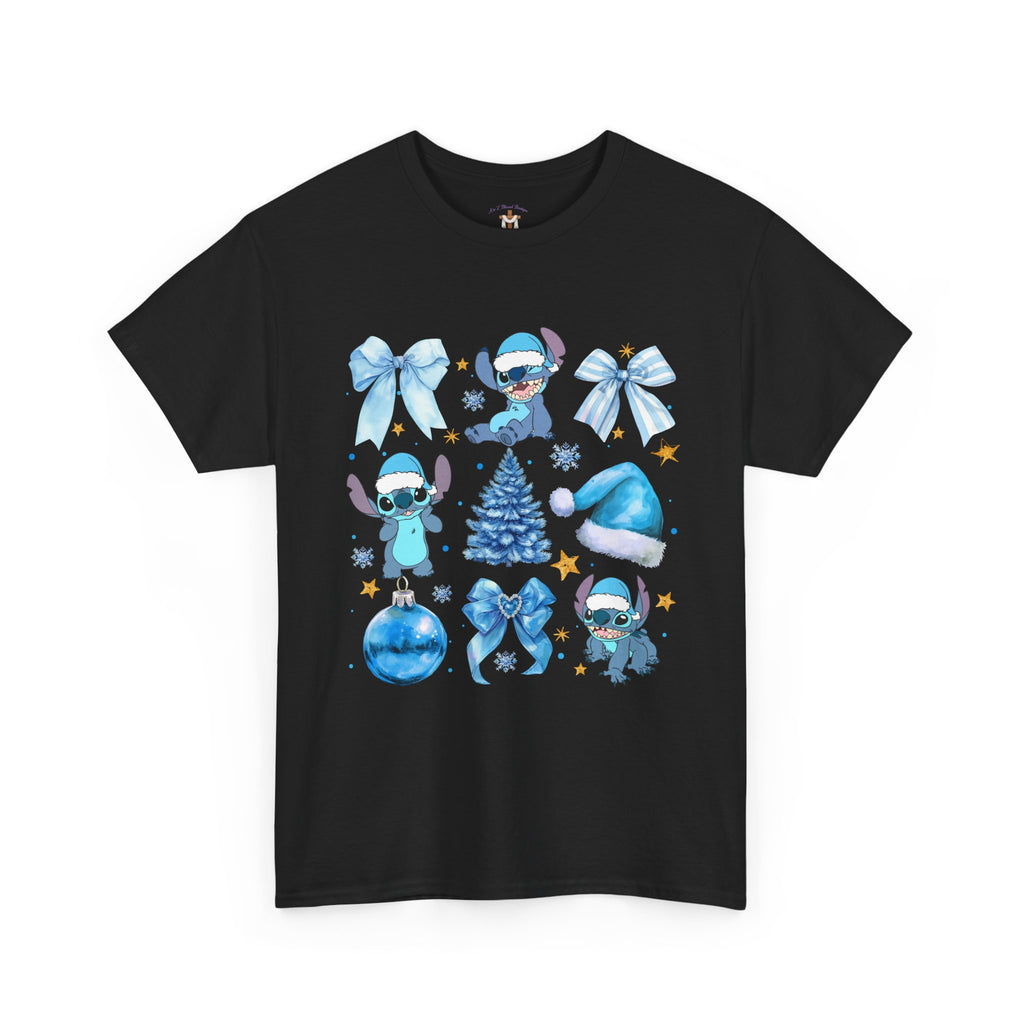 Christmas Stitch Tee — Blue Holiday Character & Ornaments Shirt