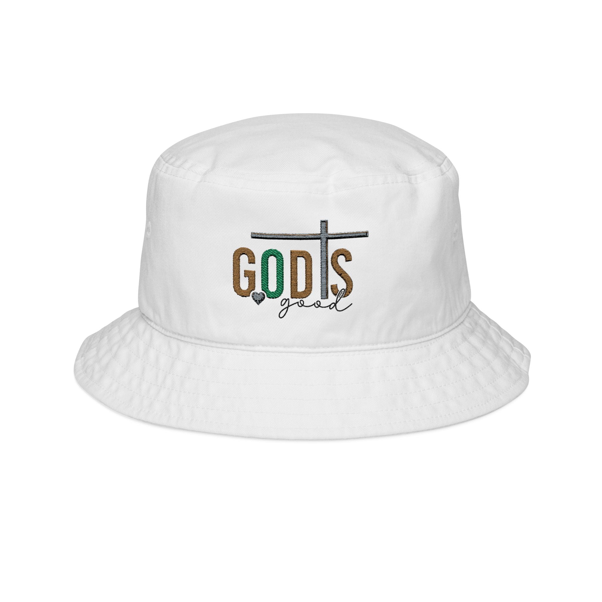 God is Good Embroidered Bucket Hat — Faith-Inspired White Sun Hat