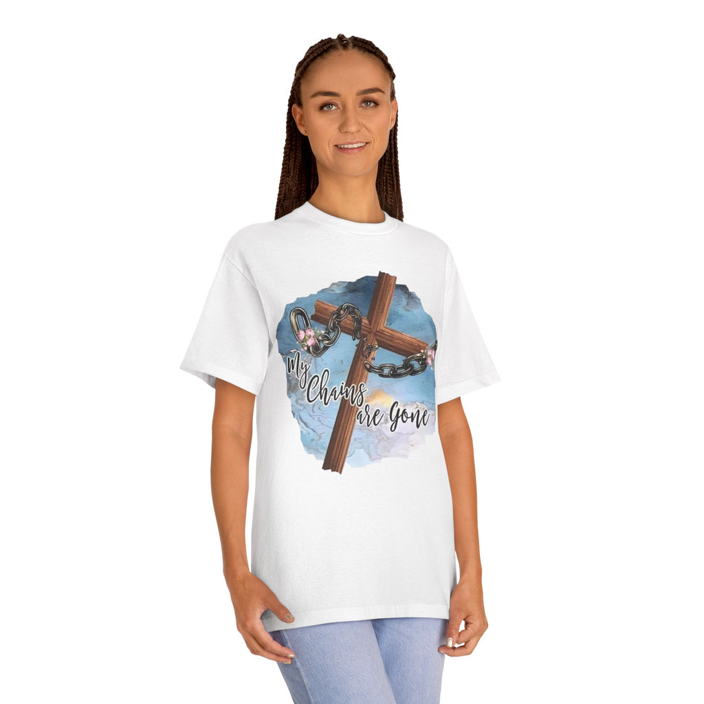 Christian Cross T-Shirt — "My Chains Are Gone" Inspirational Gospel Tee
