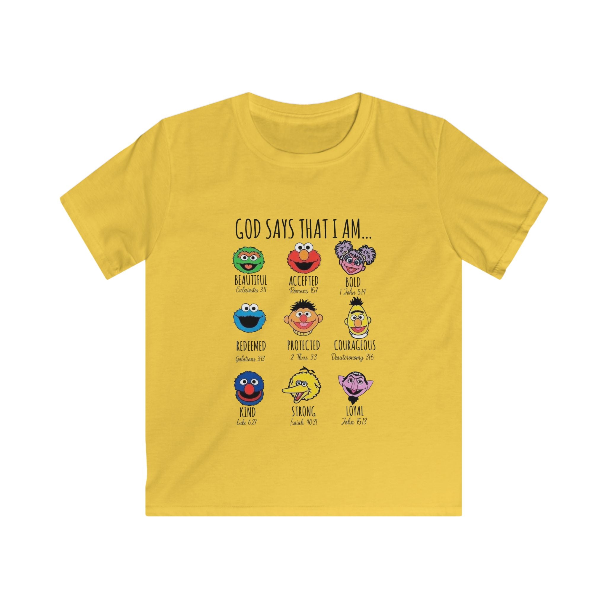 Kids Tee — "God Says That I Am" Cute Sesame Faces Christian T-Shirt
