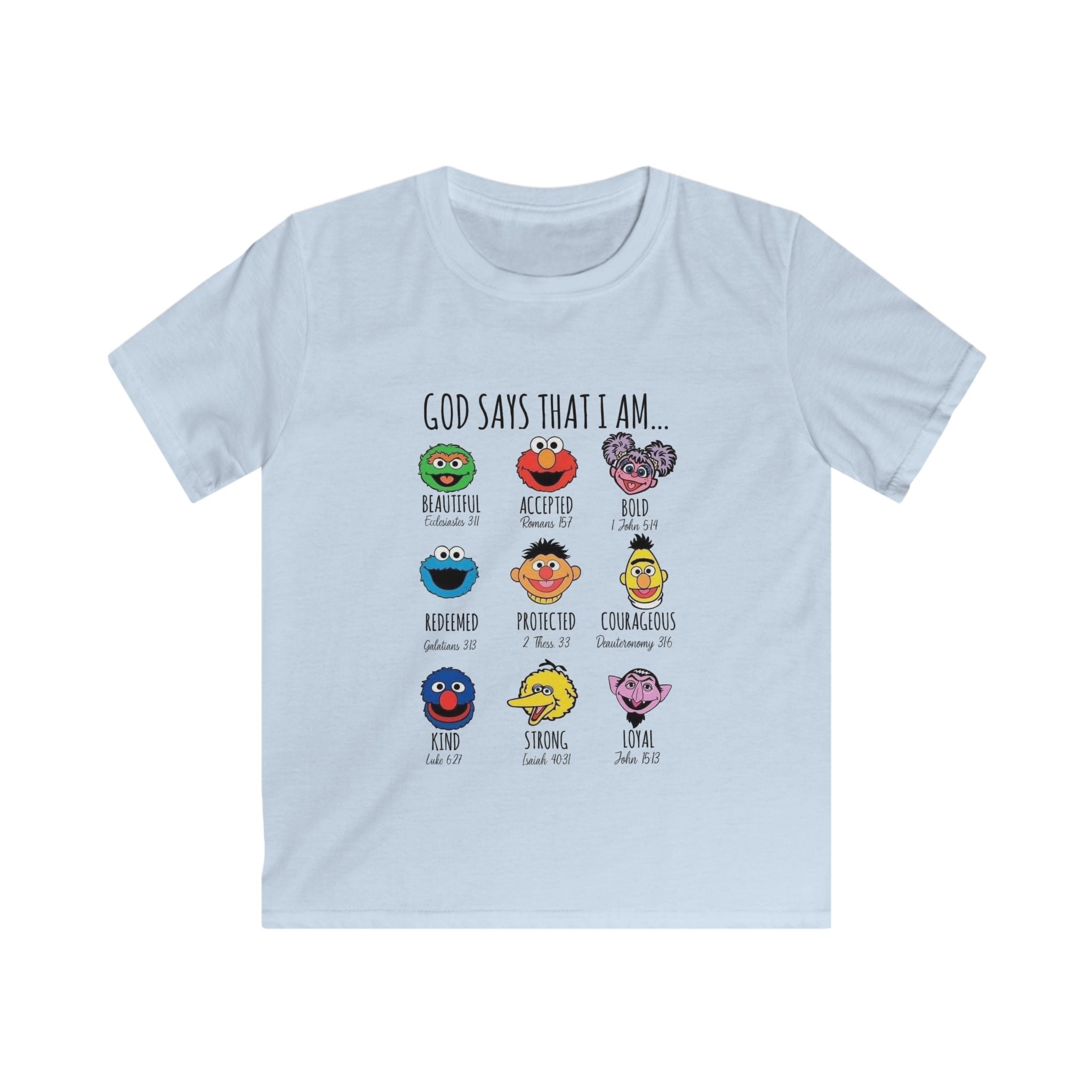 Kids Tee — "God Says That I Am" Cute Sesame Faces Christian T-Shirt