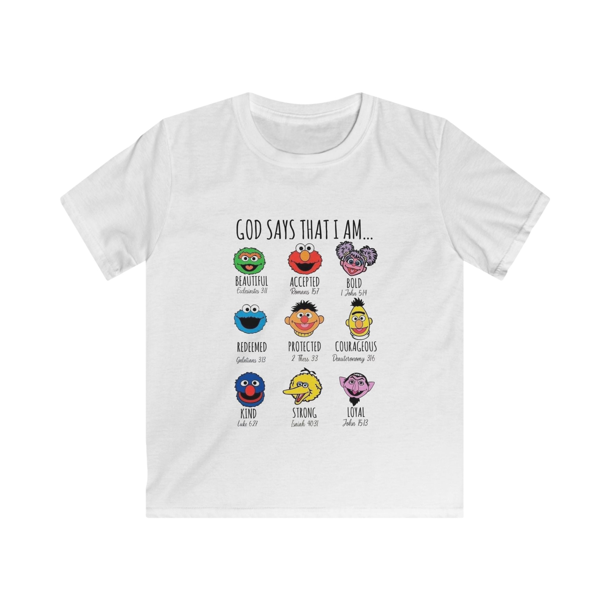 Kids Tee — "God Says That I Am" Cute Sesame Faces Christian T-Shirt