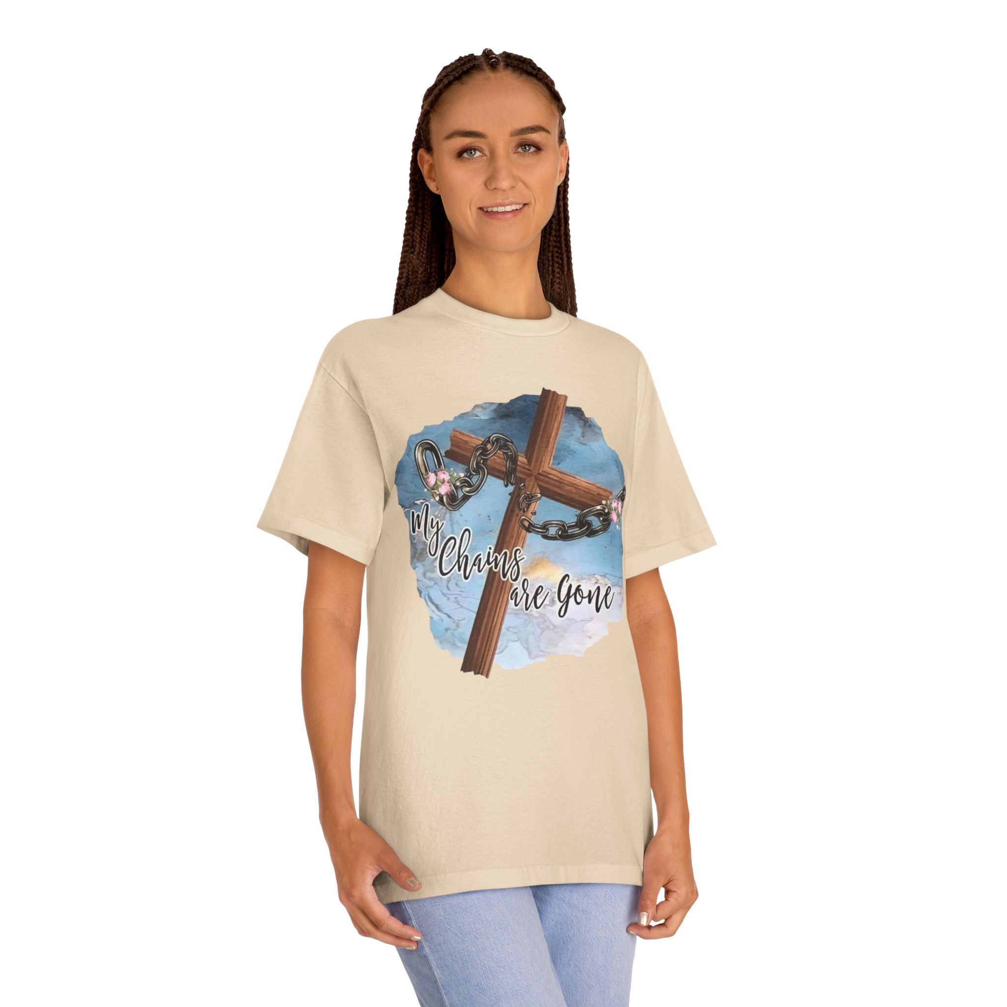Christian Cross T-Shirt — "My Chains Are Gone" Inspirational Gospel Tee