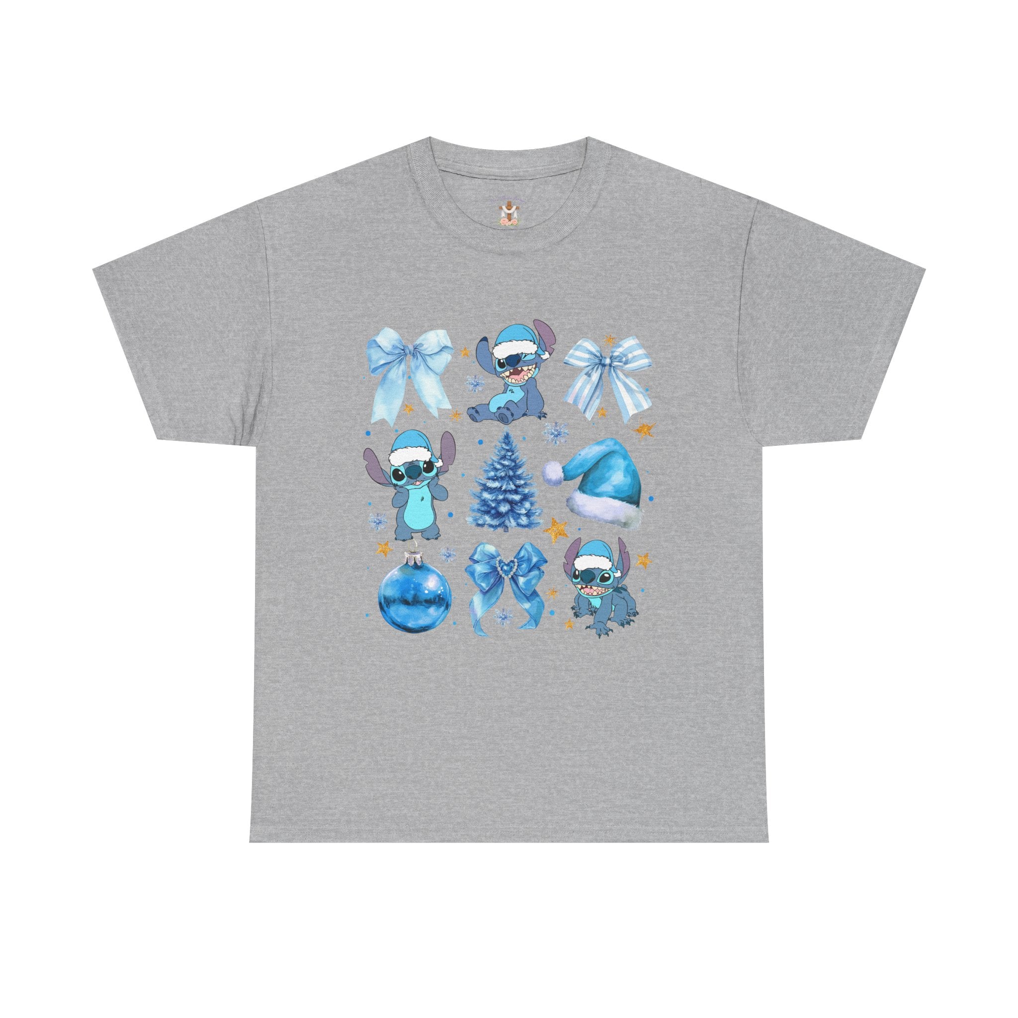 Christmas Stitch Tee — Blue Holiday Character & Ornaments Shirt