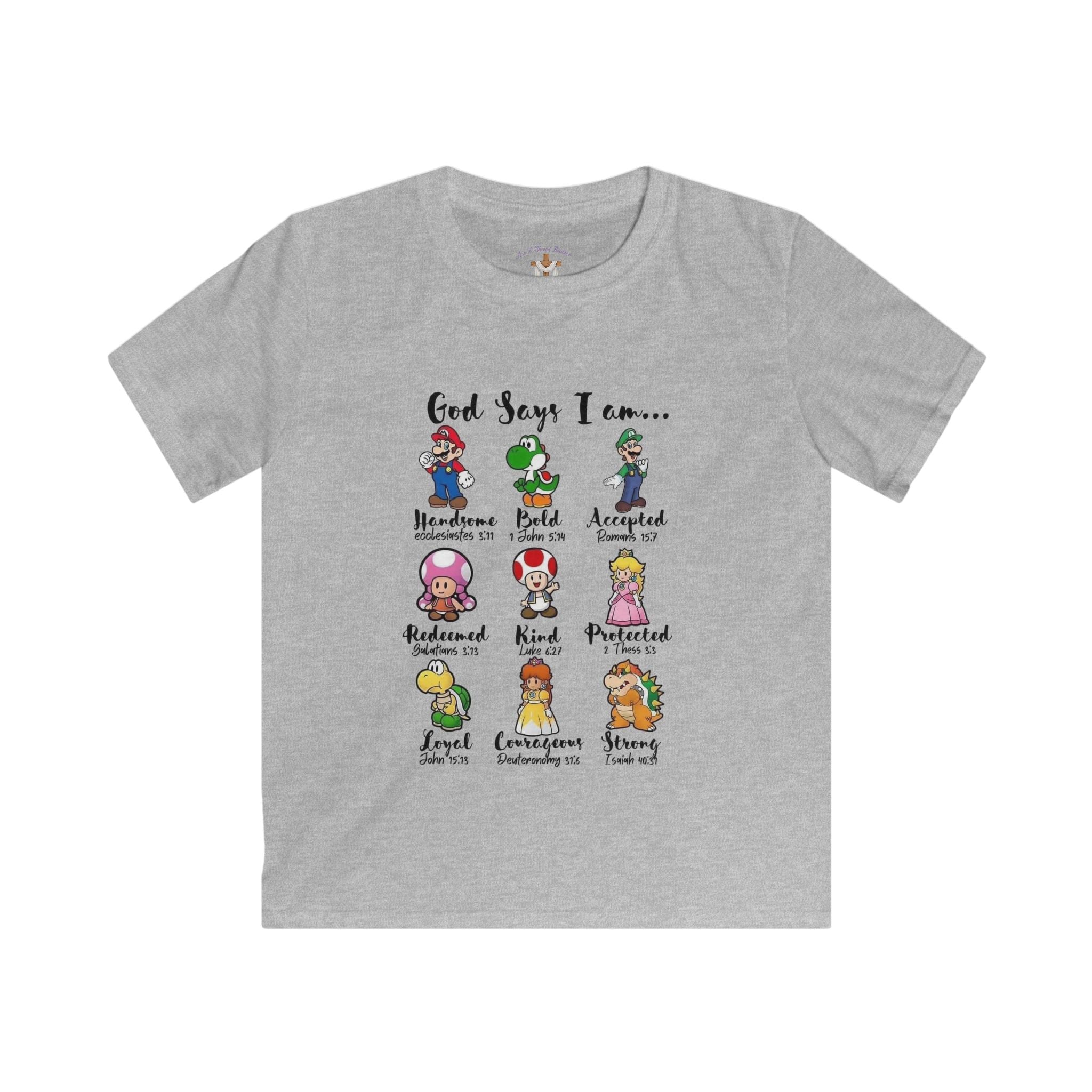 Kids Tee — "God Says I Am Like Mario and Friends" Christian Video Game Shirt