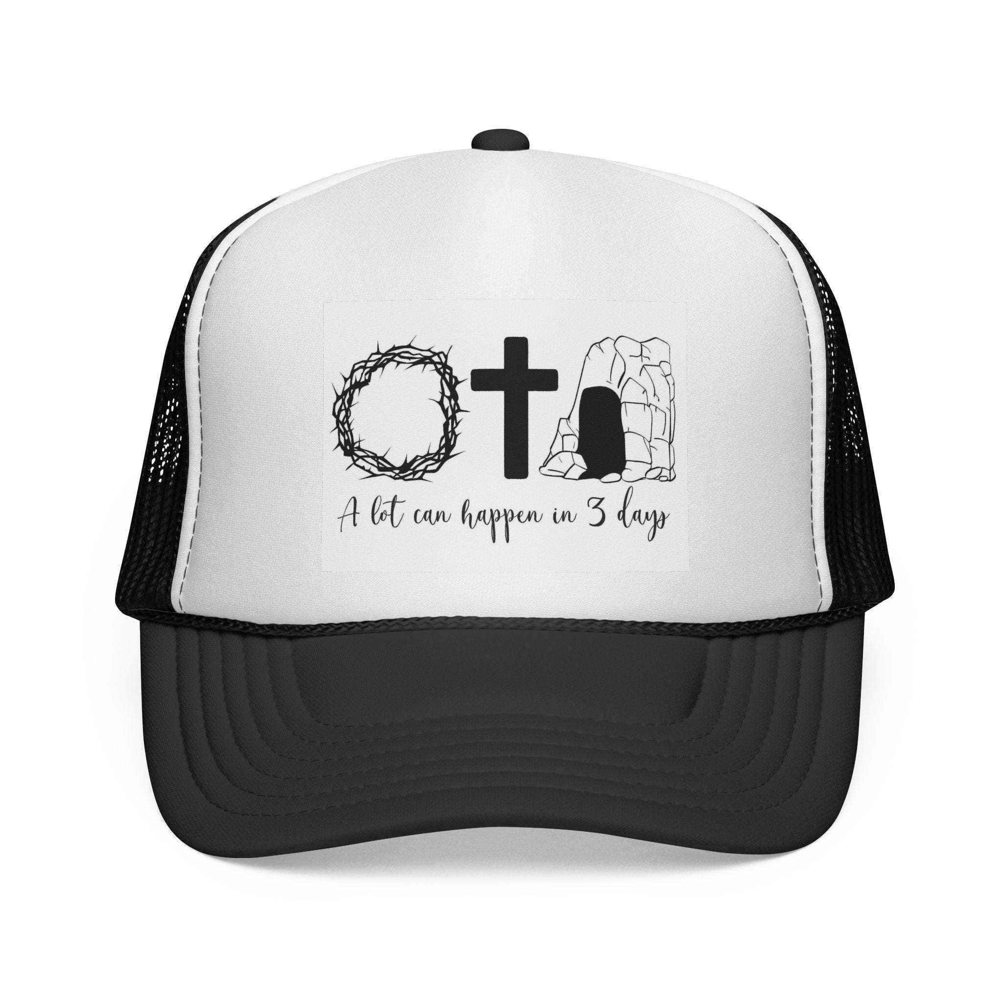 Easter Trucker Cap - ‘A Lot Can Happen in 3 Days’ Cross, Crown & Empty Tomb Hat