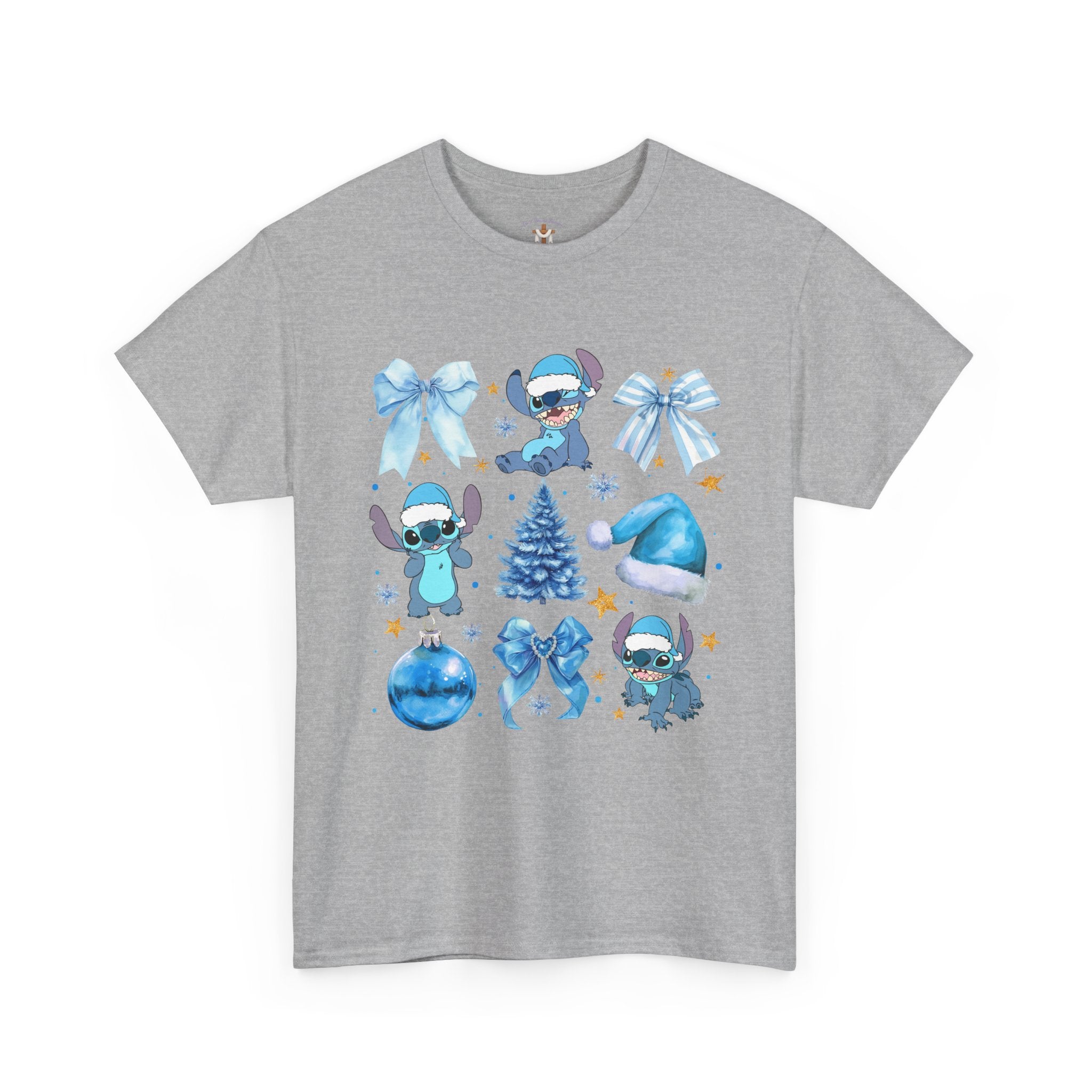 Christmas Stitch Tee — Blue Holiday Character & Ornaments Shirt