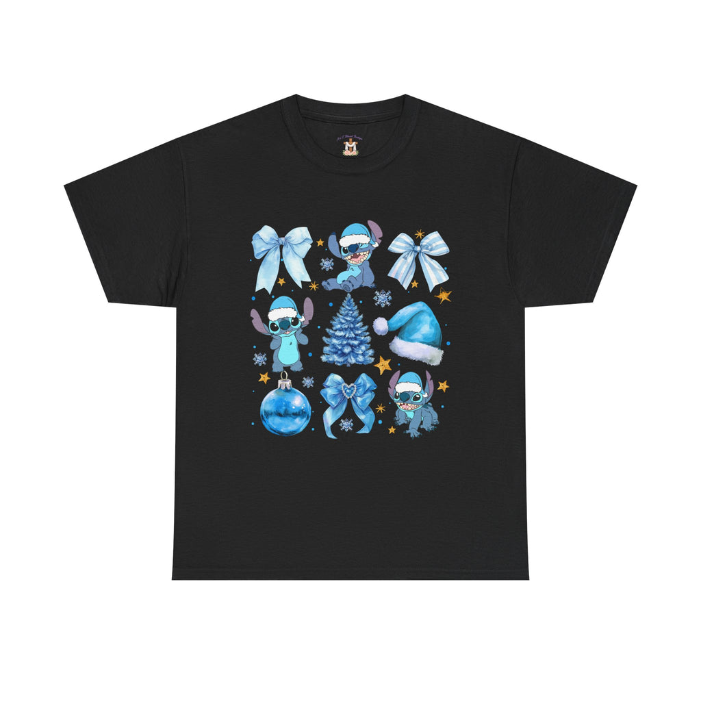 Christmas Stitch Tee — Blue Holiday Character & Ornaments Shirt