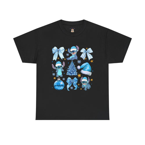 Christmas Stitch Tee — Blue Holiday Character & Ornaments Shirt