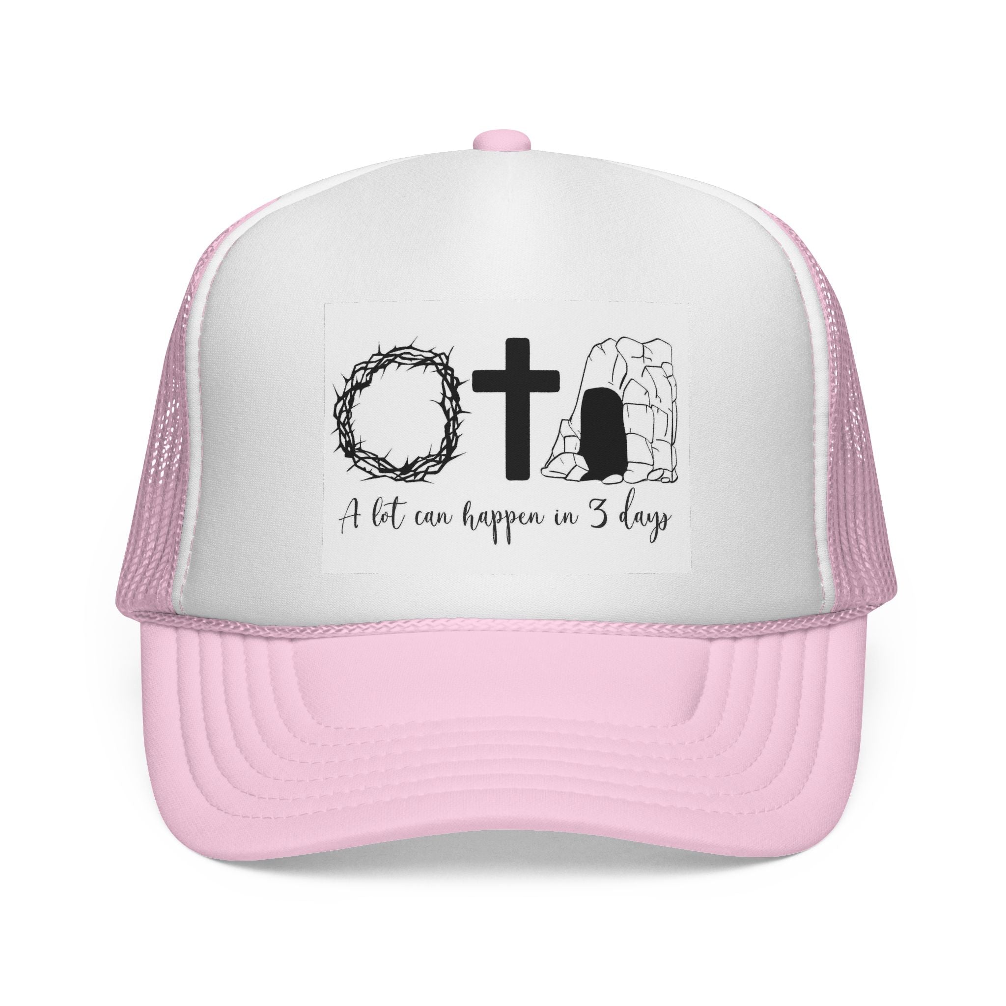 Easter Trucker Cap - ‘A Lot Can Happen in 3 Days’ Cross, Crown & Empty Tomb Hat