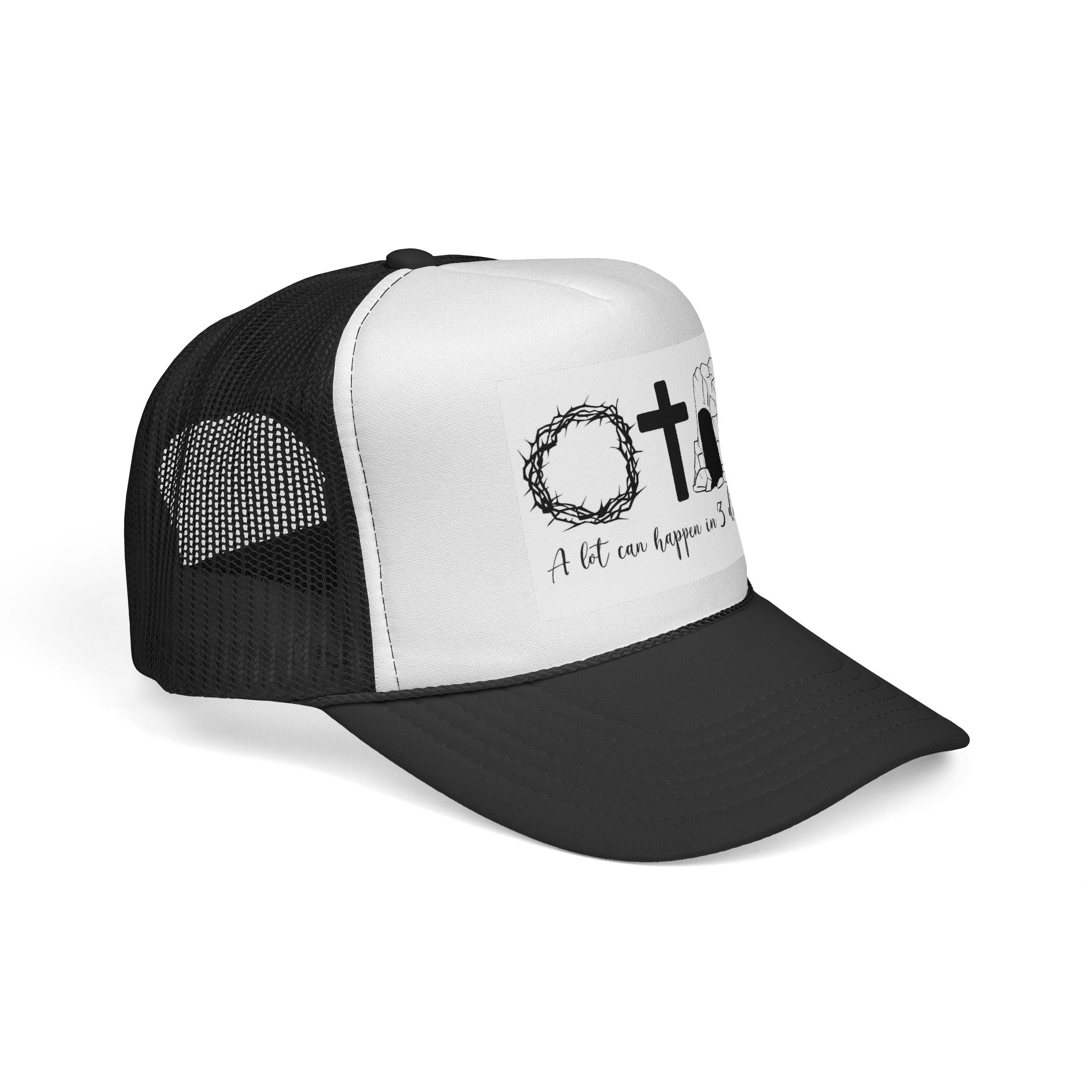 Easter Trucker Cap - ‘A Lot Can Happen in 3 Days’ Cross, Crown & Empty Tomb Hat