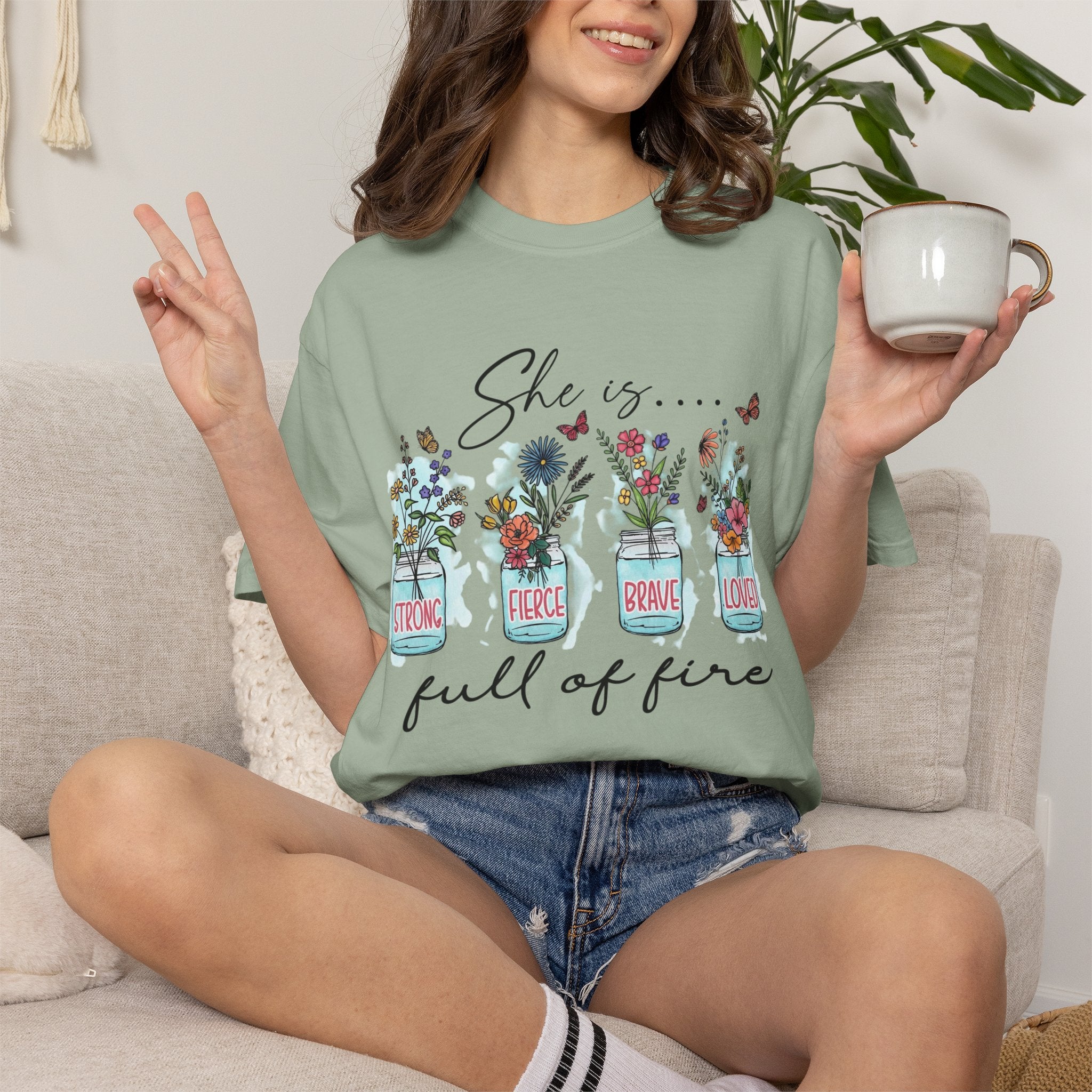 She Is Full of Fire Floral T-Shirt — Strong Fierce Brave Loved Graphic Tee