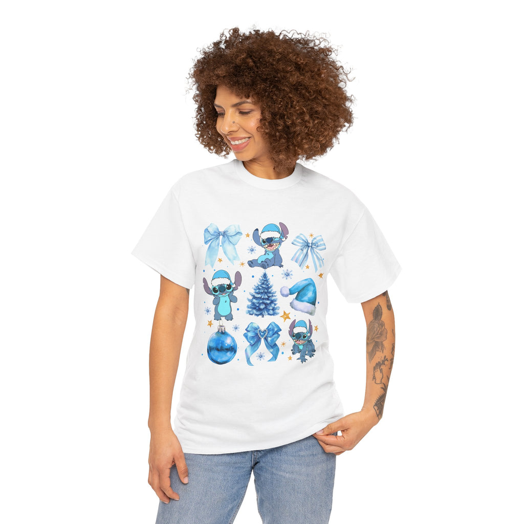 Christmas Stitch Tee — Blue Holiday Character & Ornaments Shirt