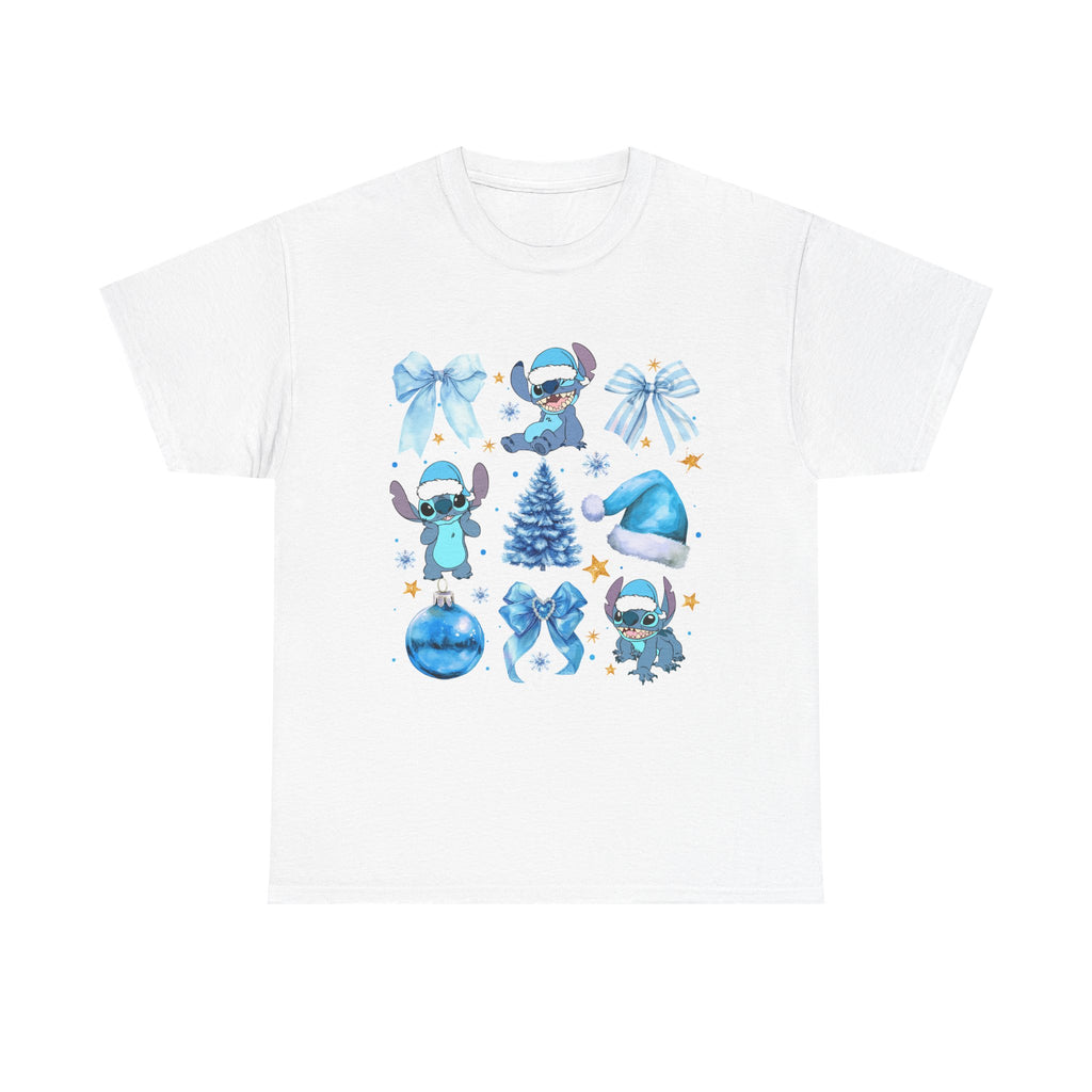 Christmas Stitch Tee — Blue Holiday Character & Ornaments Shirt