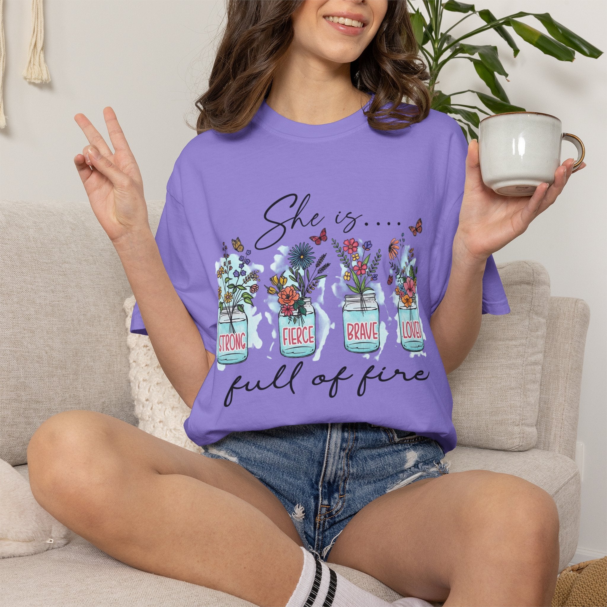 She Is Full of Fire Floral T-Shirt — Strong Fierce Brave Loved Graphic Tee