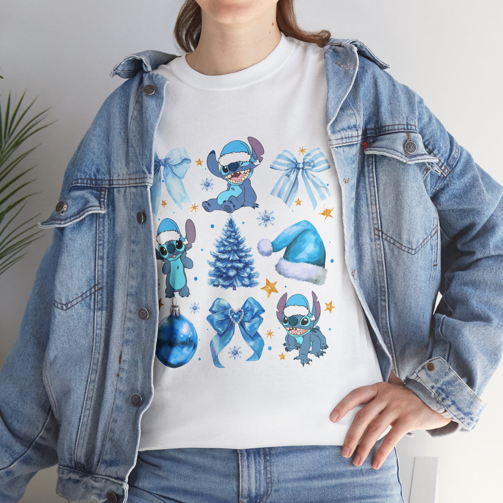 Christmas Stitch Tee — Blue Holiday Character & Ornaments Shirt