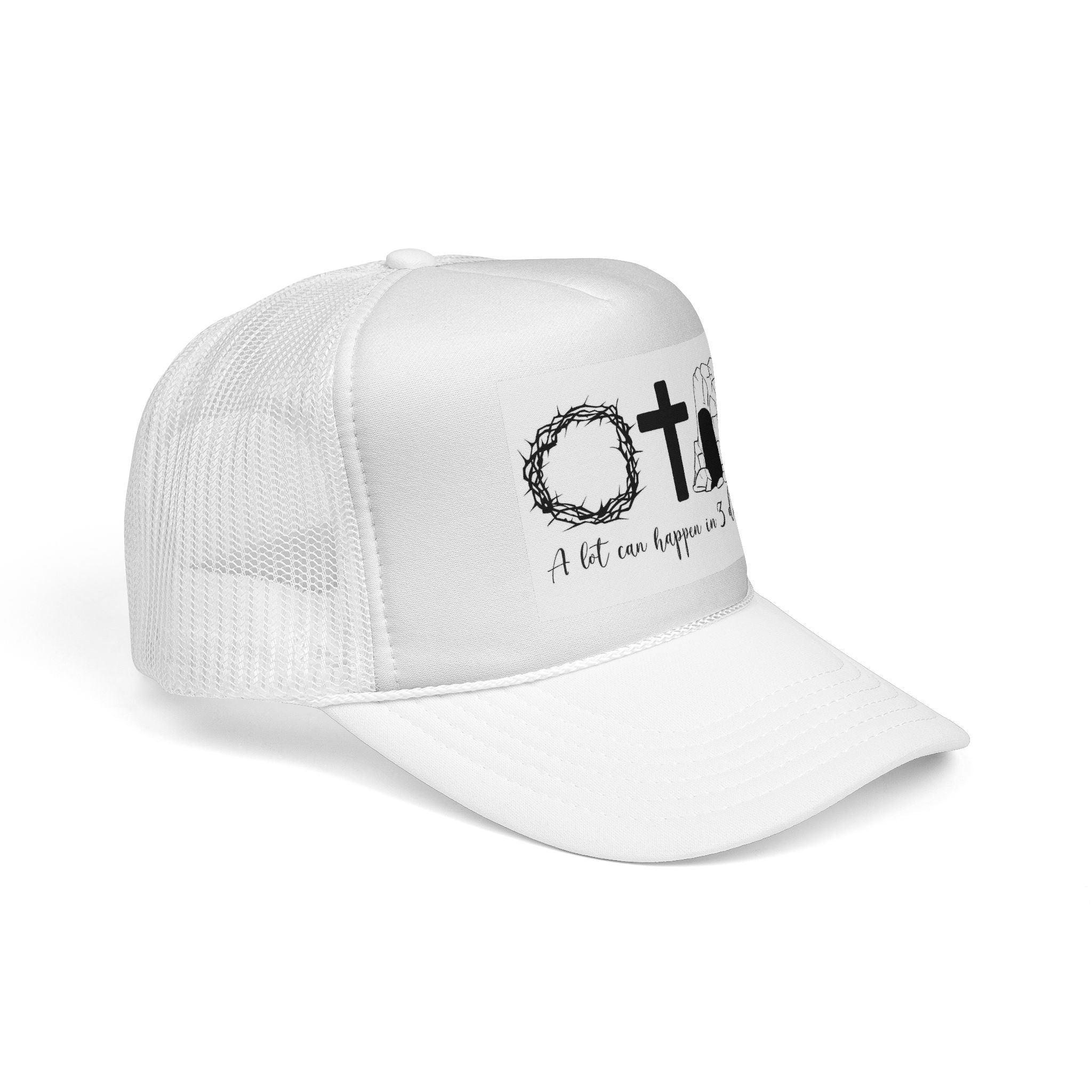 Easter Trucker Cap - ‘A Lot Can Happen in 3 Days’ Cross, Crown & Empty Tomb Hat