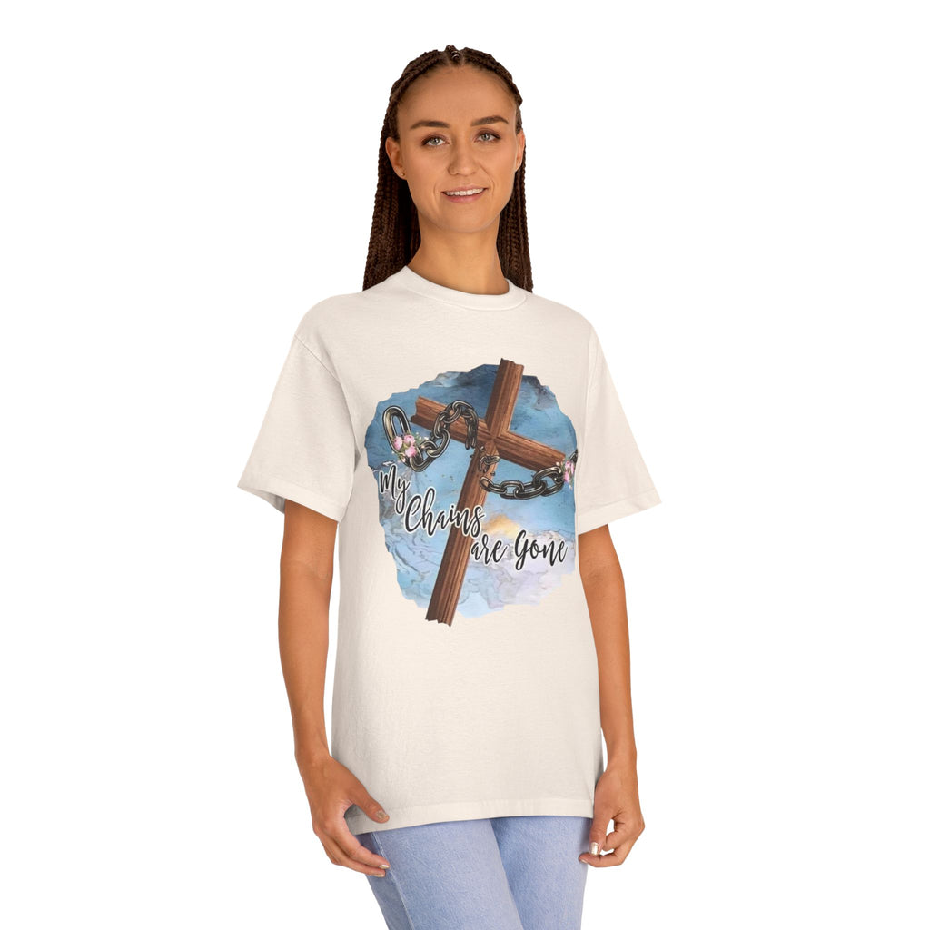 Christian Cross T-Shirt — "My Chains Are Gone" Inspirational Gospel Tee