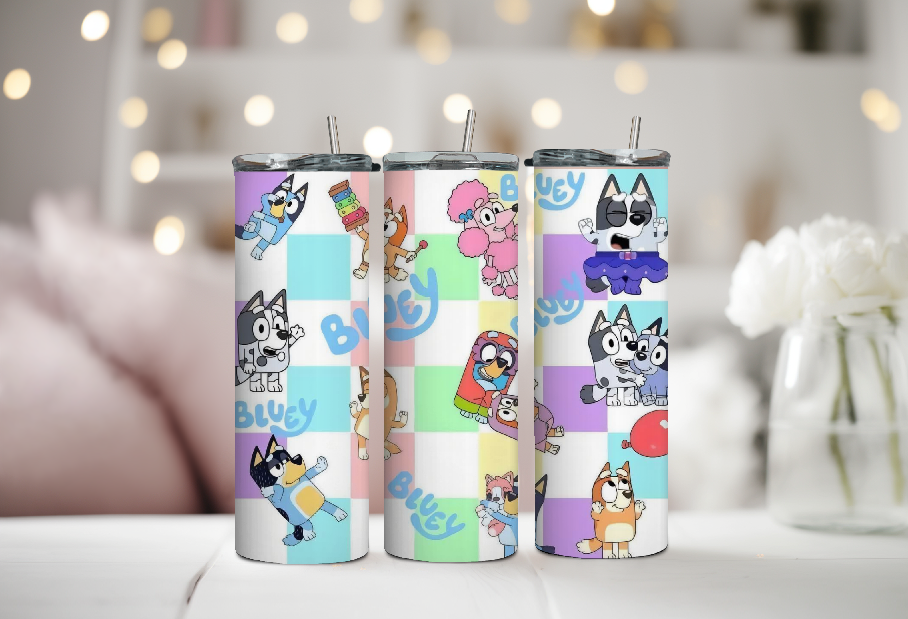 Bluey Rainbow Checker pattern 20 oz Tumbler